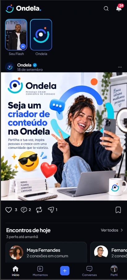 Tela Início do app Ondela, com Flashes no topo, uma publicação do perfil oficial e a seção Encontros de hoje.